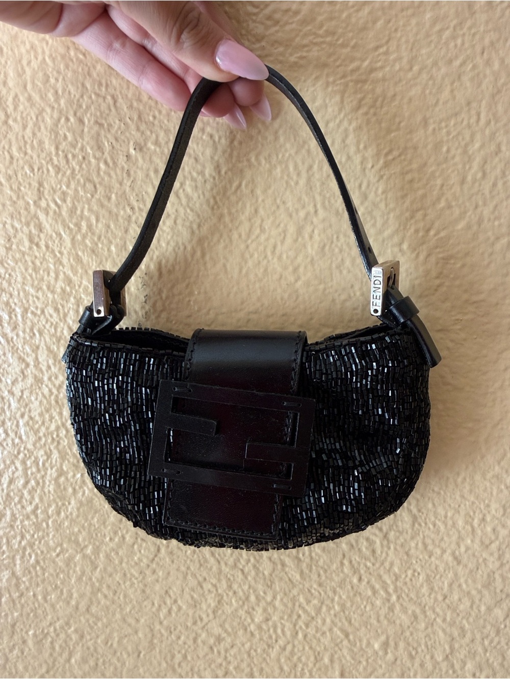 Authentic Vintage Fendi 2000 Black Beaded Mini Croissant Bag